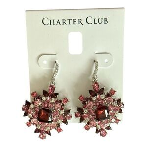 Charter Club Pink Burgundy Crystal Floral Statement Drop Earrings NWT